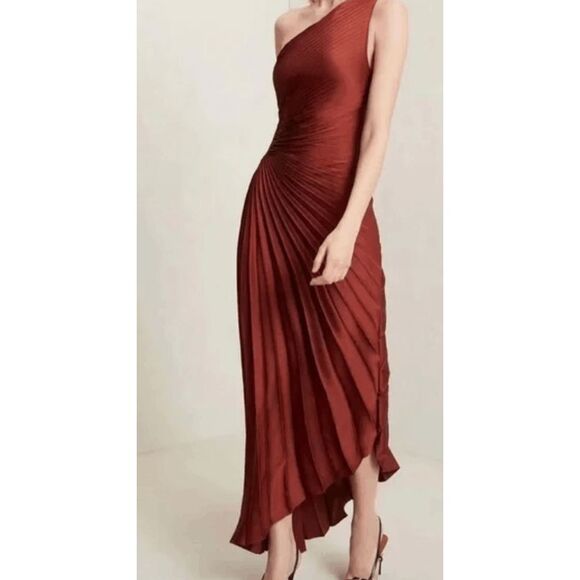 NWT A.L.C. Delfina Pleated Cutout One-Shoulder Dress in Brunette Brown Size 10 - Picture 6 of 8